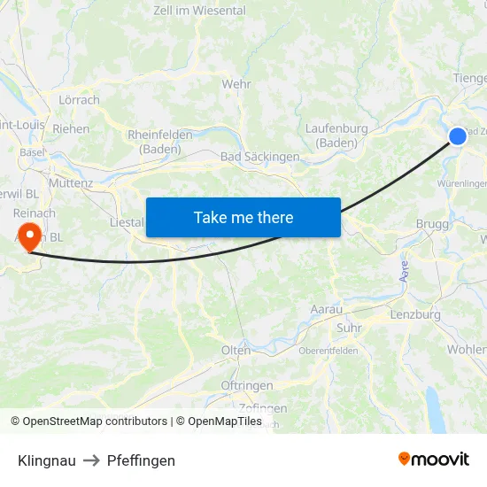 Klingnau to Pfeffingen map