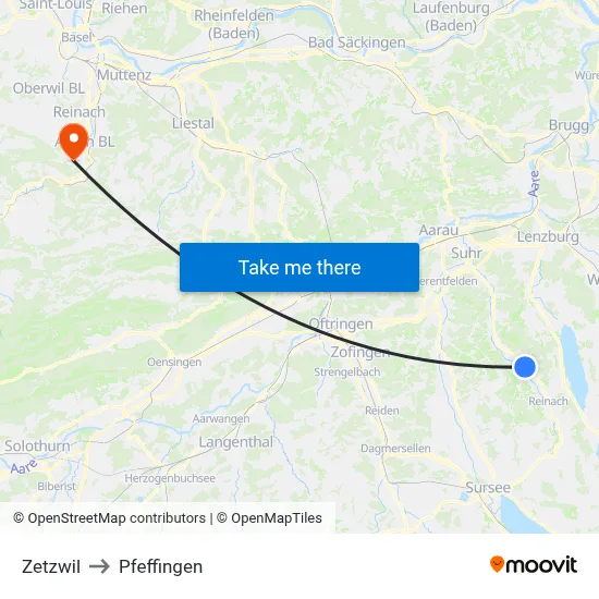 Zetzwil to Pfeffingen map