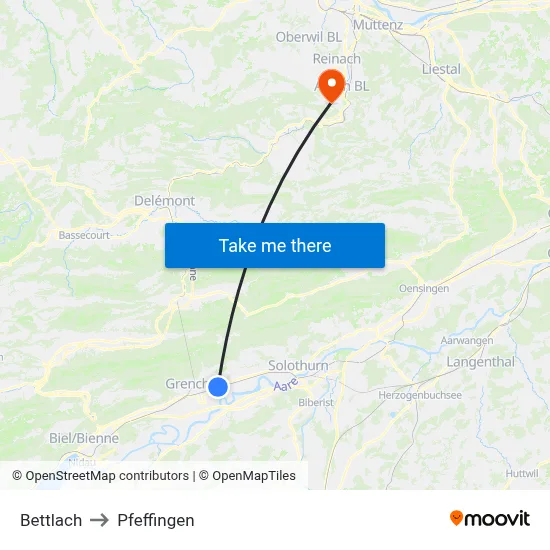 Bettlach to Pfeffingen map