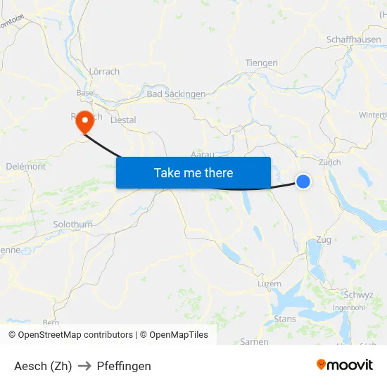 Aesch (Zh) to Pfeffingen map