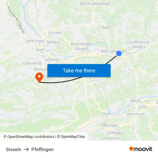 Sisseln to Pfeffingen map