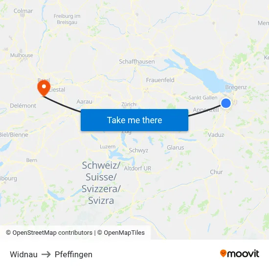 Widnau to Pfeffingen map