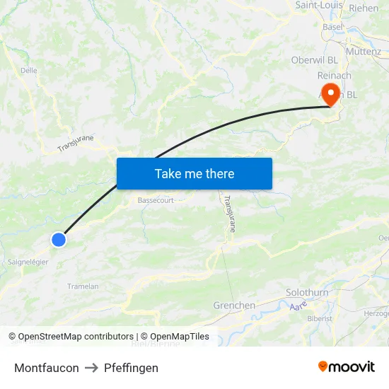 Montfaucon to Pfeffingen map