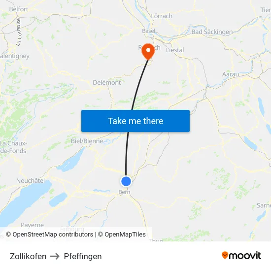 Zollikofen to Pfeffingen map
