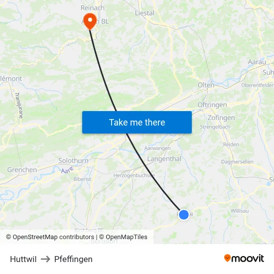 Huttwil to Pfeffingen map