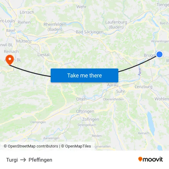 Turgi to Pfeffingen map