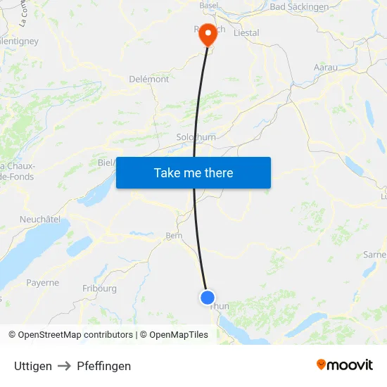 Uttigen to Pfeffingen map