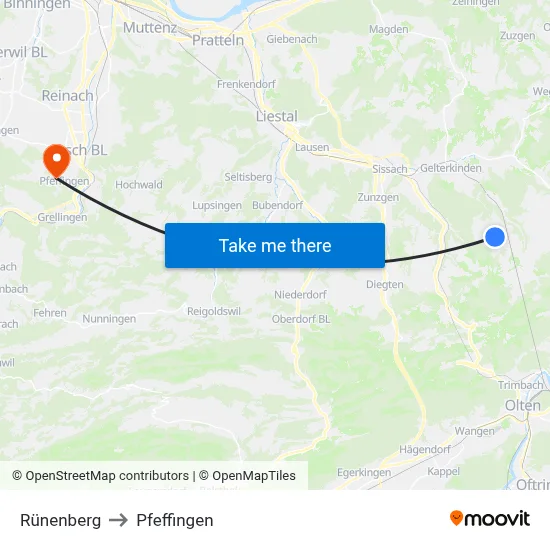 Rünenberg to Pfeffingen map