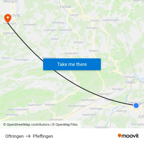 Oftringen to Pfeffingen map