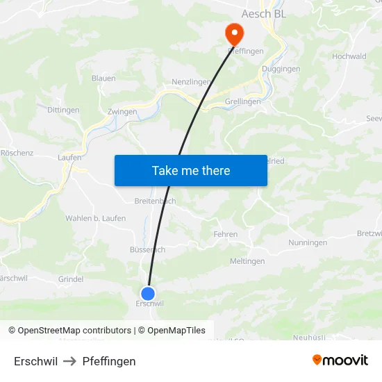 Erschwil to Pfeffingen map