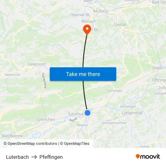 Luterbach to Pfeffingen map