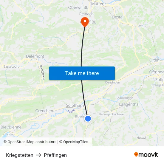 Kriegstetten to Pfeffingen map
