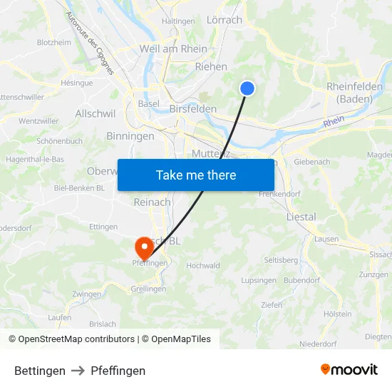Bettingen to Pfeffingen map