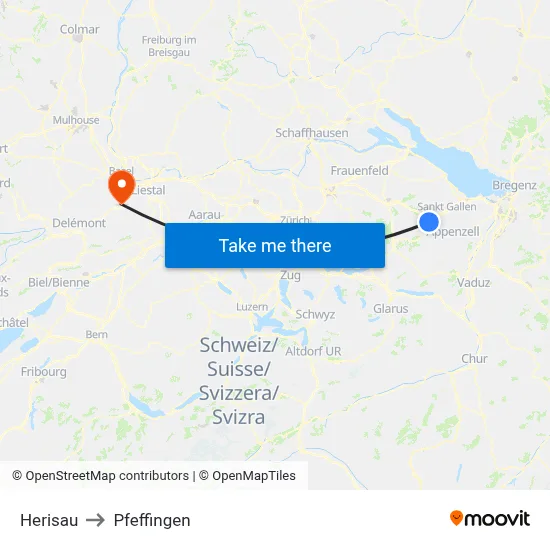 Herisau to Pfeffingen map
