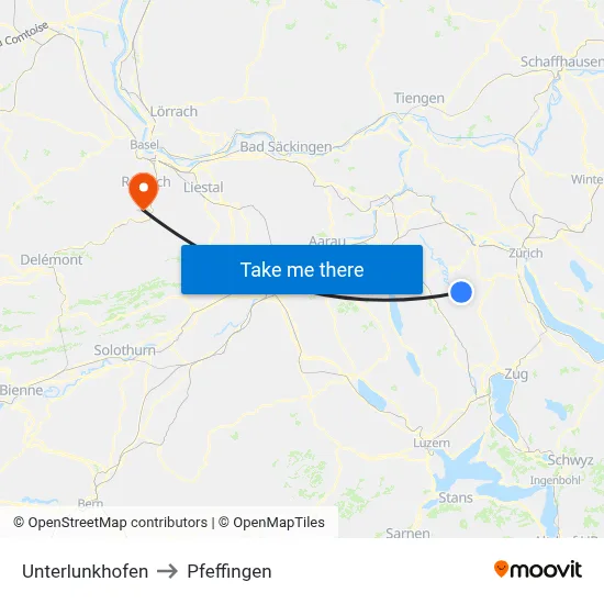 Unterlunkhofen to Pfeffingen map