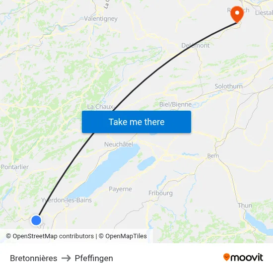 Bretonnières to Pfeffingen map
