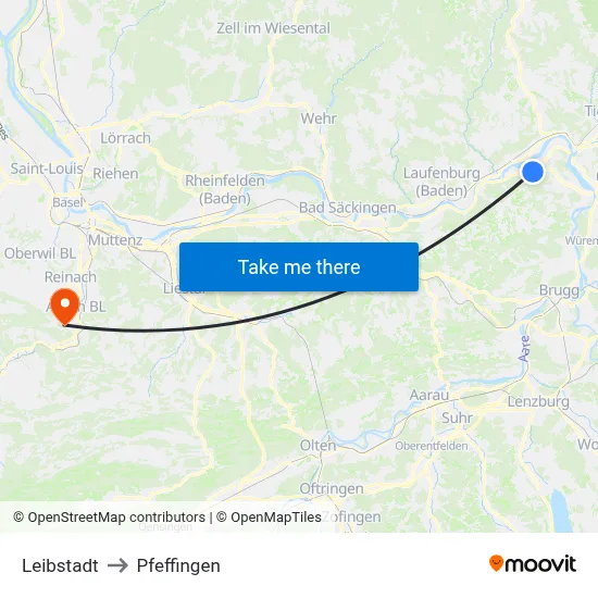 Leibstadt to Pfeffingen map