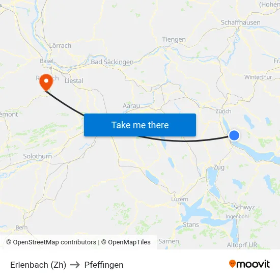 Erlenbach (Zh) to Pfeffingen map