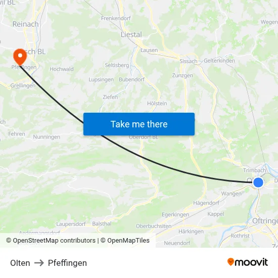 Olten to Pfeffingen map