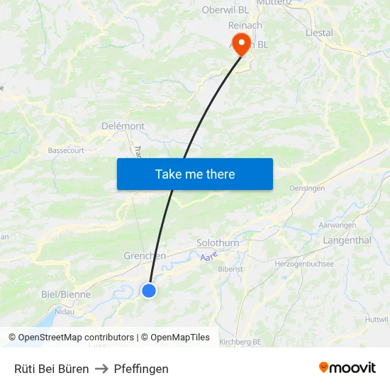 Rüti Bei Büren to Pfeffingen map