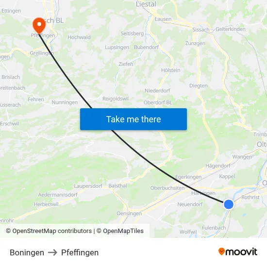 Boningen to Pfeffingen map