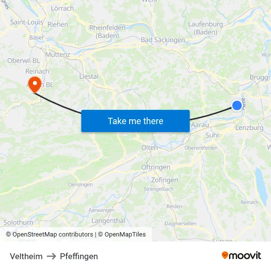 Veltheim to Pfeffingen map