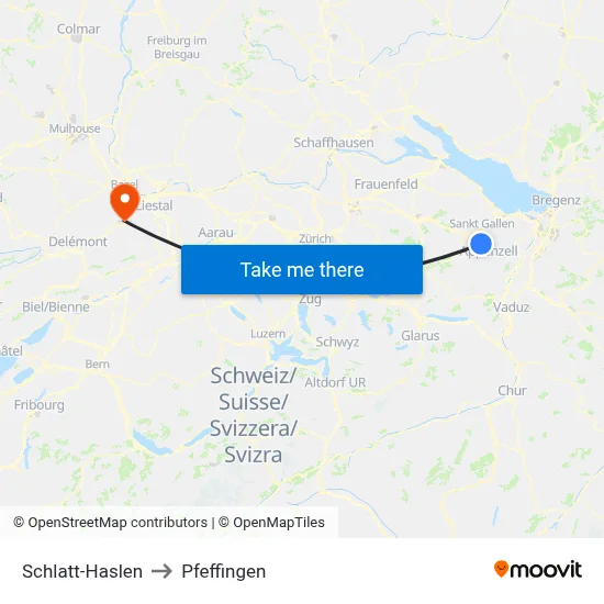 Schlatt-Haslen to Pfeffingen map