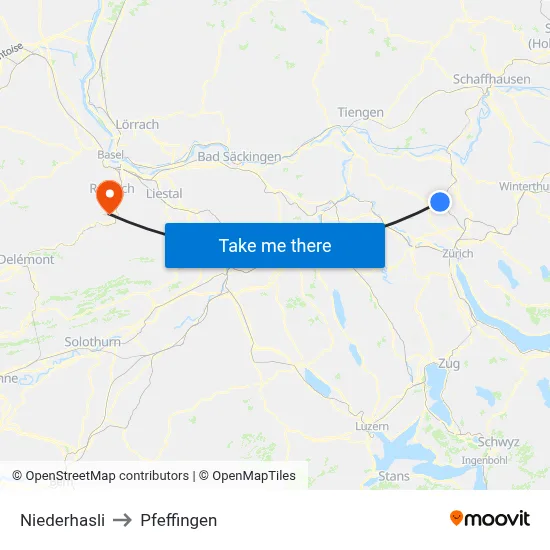 Niederhasli to Pfeffingen map