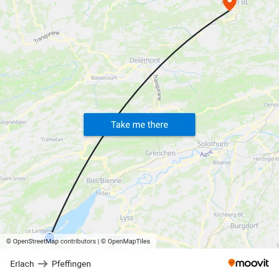 Erlach to Pfeffingen map