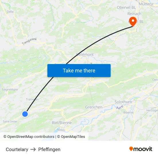 Courtelary to Pfeffingen map