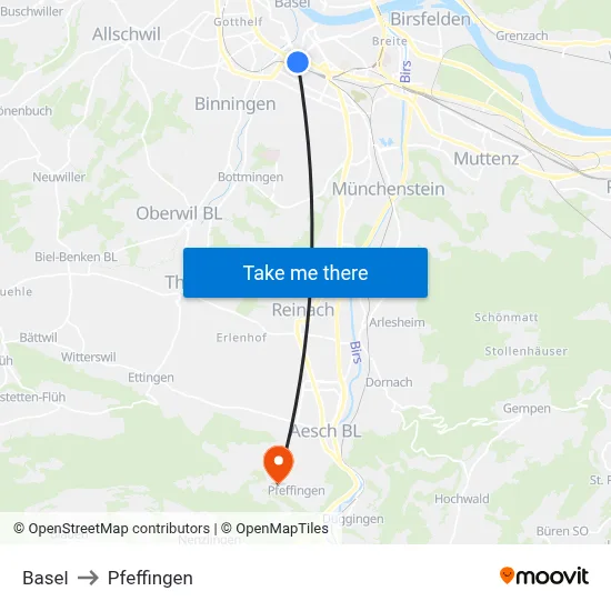 Basel to Pfeffingen map