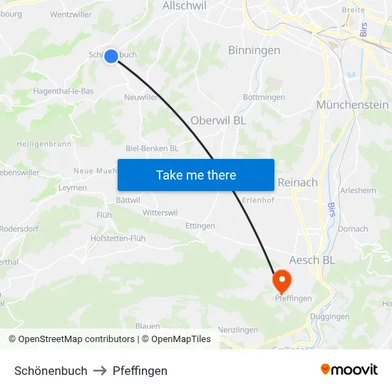 Schönenbuch to Pfeffingen map