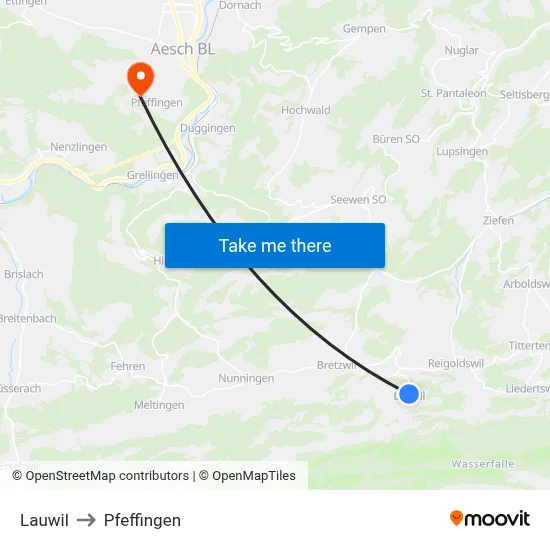 Lauwil to Pfeffingen map