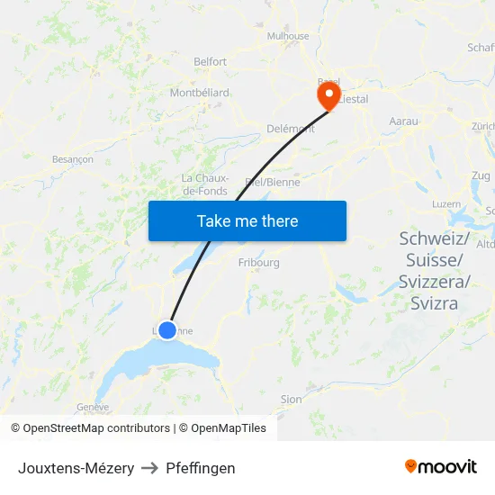 Jouxtens-Mézery to Pfeffingen map