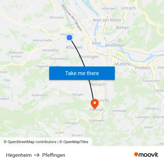 Hégenheim to Pfeffingen map