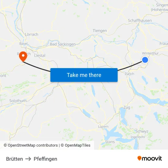 Brütten to Pfeffingen map