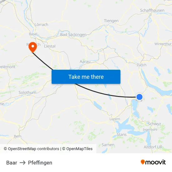 Baar to Pfeffingen map