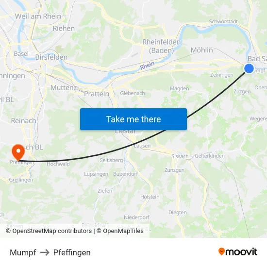 Mumpf to Pfeffingen map