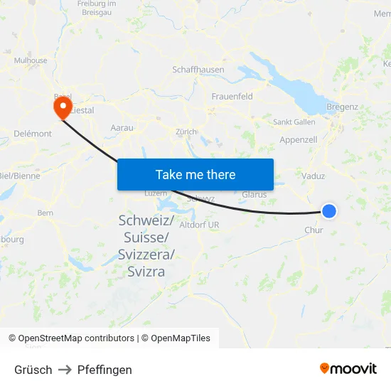 Grüsch to Pfeffingen map