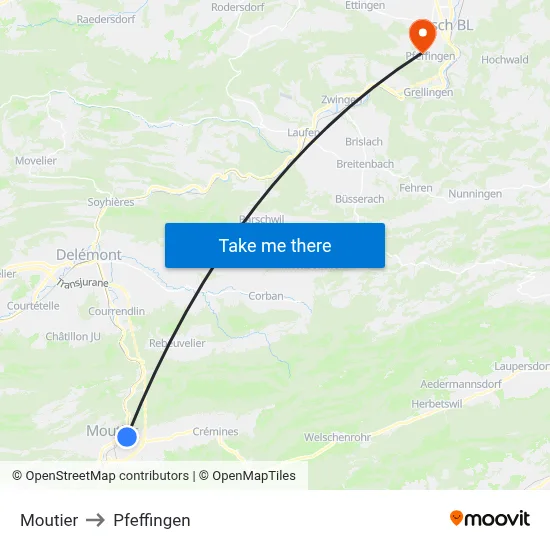 Moutier to Pfeffingen map