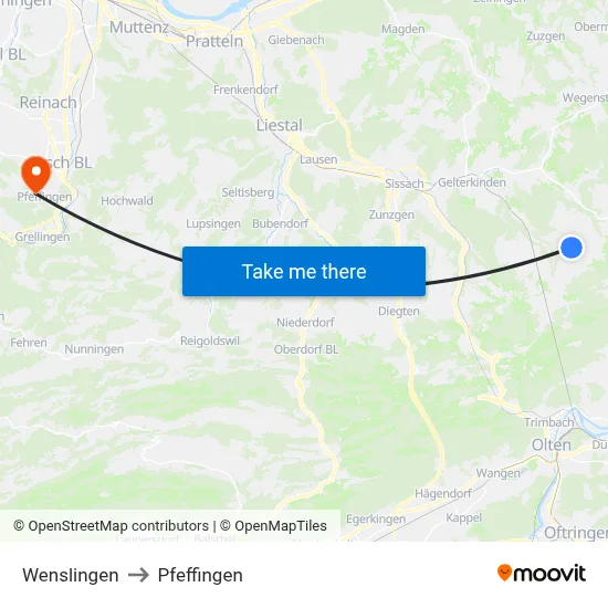 Wenslingen to Pfeffingen map