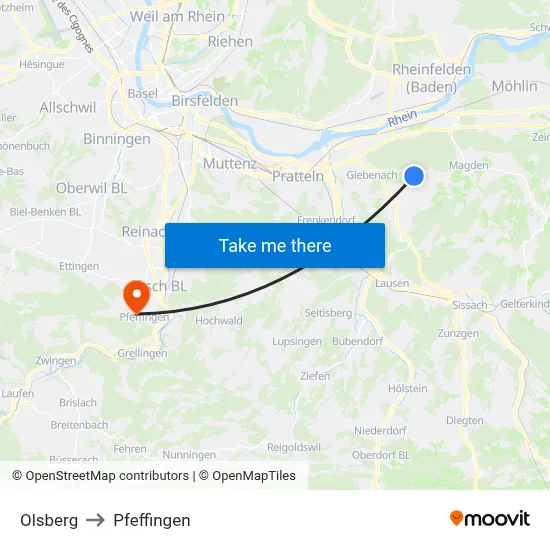 Olsberg to Pfeffingen map