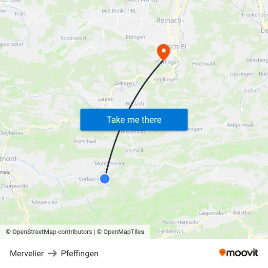 Mervelier to Pfeffingen map