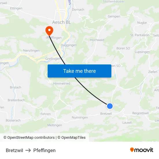 Bretzwil to Pfeffingen map
