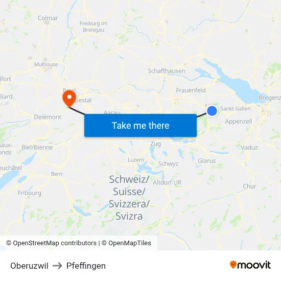 Oberuzwil to Pfeffingen map