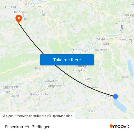 Schenkon to Pfeffingen map