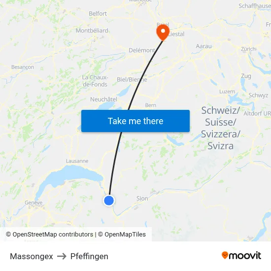 Massongex to Pfeffingen map