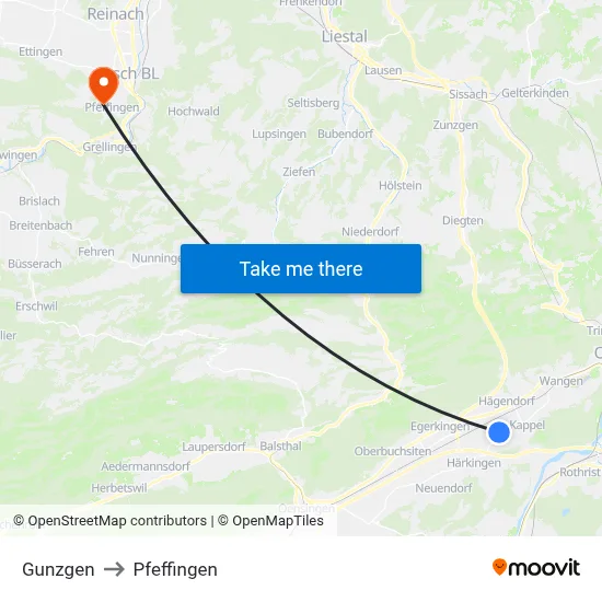 Gunzgen to Pfeffingen map