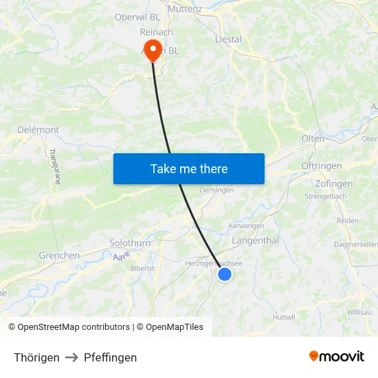 Thörigen to Pfeffingen map