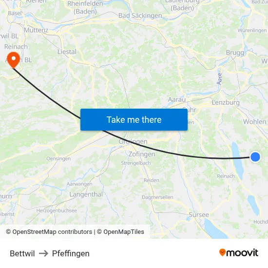 Bettwil to Pfeffingen map